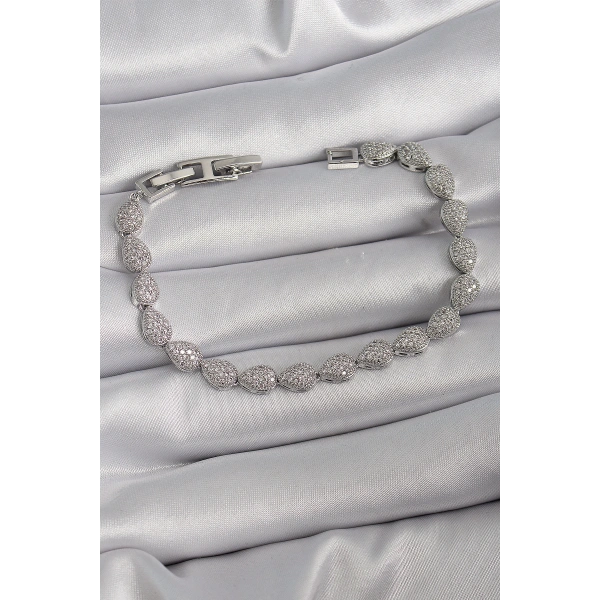 Pirinç Gümüş Renk Zirkon Taşlı Damla Model VIP Seri Kadın Bileklik