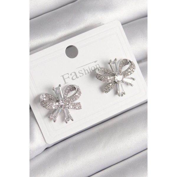 Pirinç Gümüş Renk Zirkon Taşlı Fiyonk Model Kadın Küpe