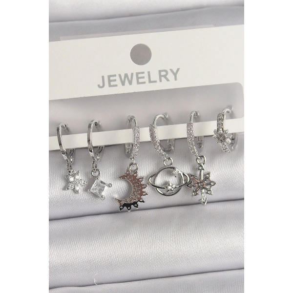 Pirinç Gümüş Renk Zirkon Taşlı Gezgen Model Kadın Küpe Seti