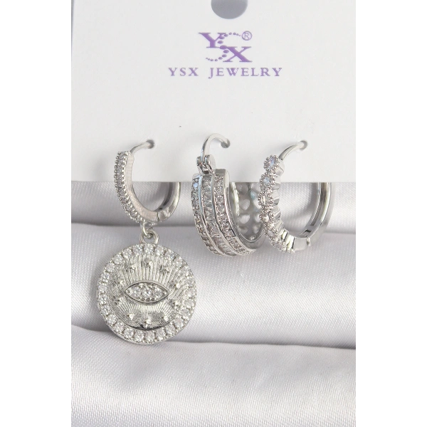 Pirinç Gümüş Renk Zirkon Taşlı Göz İşlemeli Halka Model 3Lü Kadın Kombin Küpe