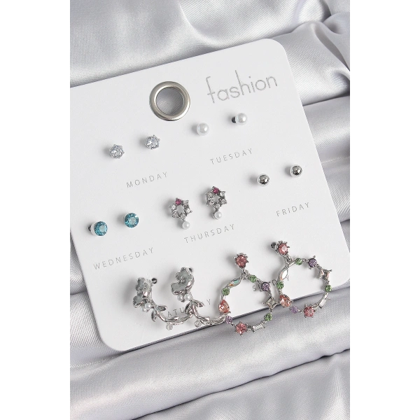 Pirinç Gümüş Renk Zirkon Taşlı Gül Figür Halka Model 7 Çift Kadın Küpe Seti