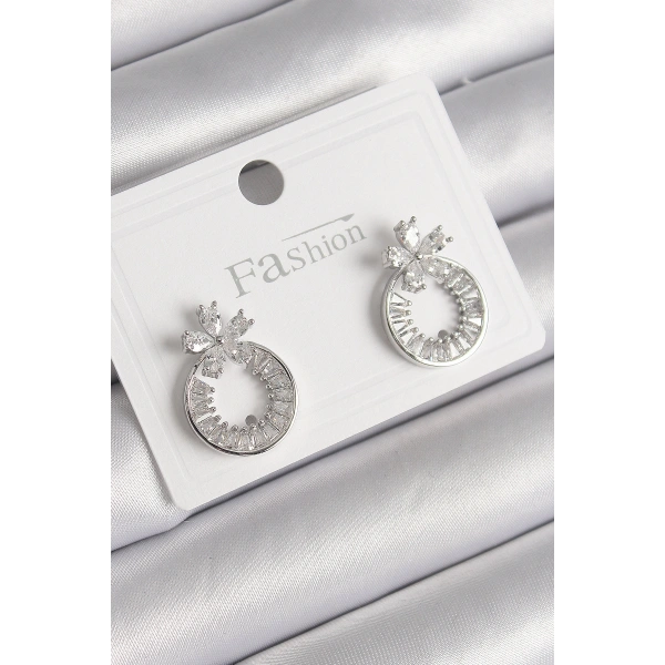 Pirinç Gümüş Renk Zirkon Taşlı Halka Model Çiçek Figür Kadın Küpe