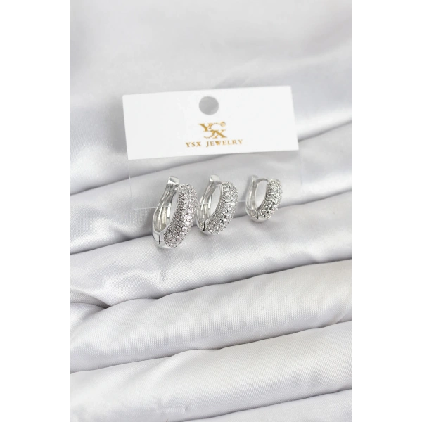 Pirinç Gümüş Renk Zirkon Taşlı Halka Model YSX Trio Küpe Seti