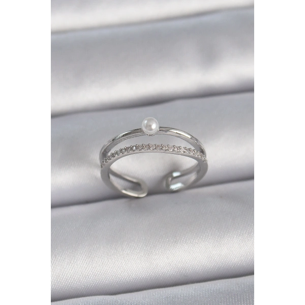 Pirinç Gümüş Renk Zirkon Taşlı İnci Detay Ayarlanabilir Model Kadın Yüzük