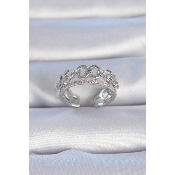 Pirinç Gümüş Renk Zirkon Taşlı İnci Detay Kadın Yüzük