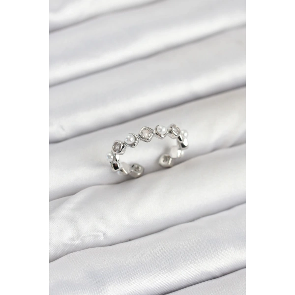 Pirinç Gümüş Renk Zirkon Taşlı İncili Kadın Yüzük