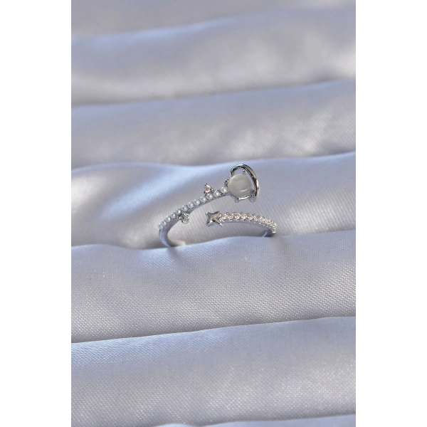 Pirinç Gümüş Renk Zirkon Taşlı İncili Satürn Model Ayarlanabilir Yüzük