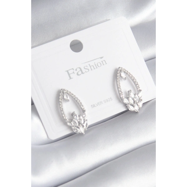 Pirinç Gümüş Renk Zirkon Taşlı Kadın Küpe