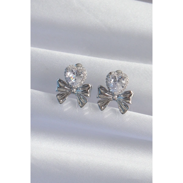 Pirinç Gümüş Renk Zirkon Taşlı Kalp Model Fiyonk Küpe