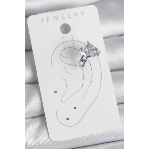 Pirinç Gümüş Renk Zirkon Taşlı Kalp Model Kadın Kıkırdak Küpe