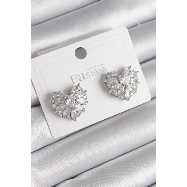 Pirinç Gümüş Renk Zirkon Taşlı Kalp Model Kadın Küpe