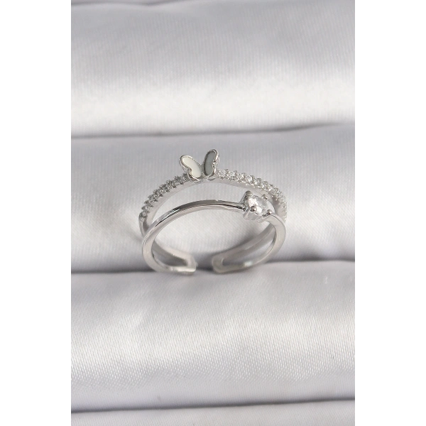 Pirinç Gümüş Renk Zirkon Taşlı Kelebek Figürlü Ayarlanabilir Yüzük