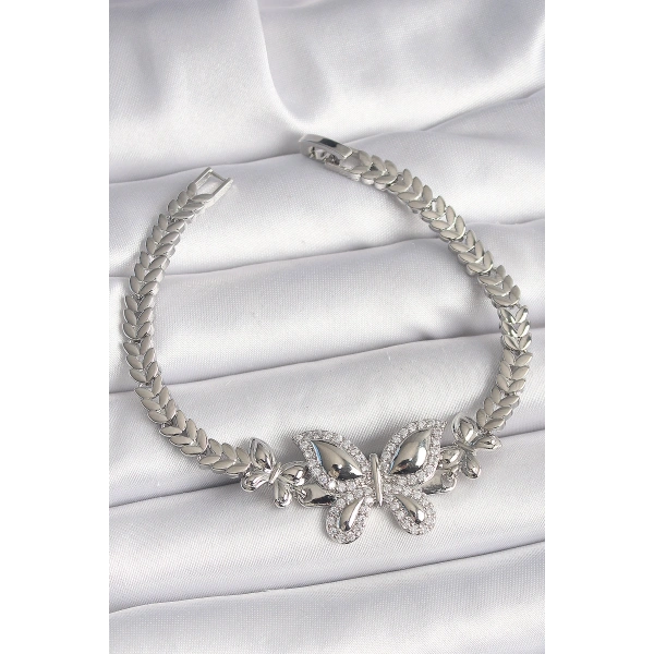 Pirinç Gümüş Renk Zirkon Taşlı Kelebek Model Kadın Bileklik