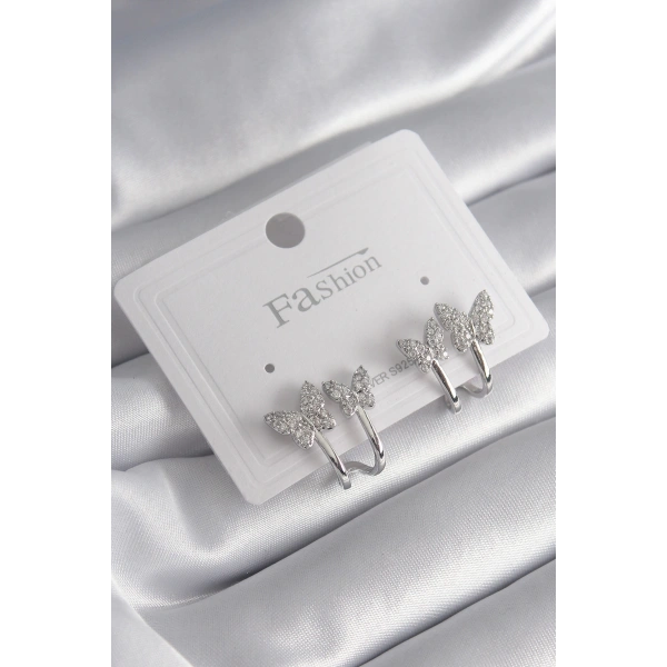 Pirinç Gümüş Renk Zirkon Taşlı Kelebek Model Kadın Küpe