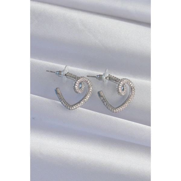 Pirinç Gümüş Renk Zirkon Taşlı Kıvrımlı Yarım Kalp Küpe