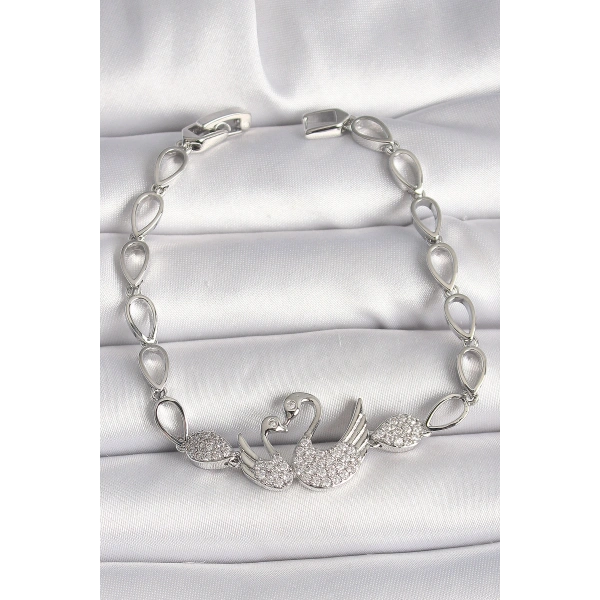 Pirinç Gümüş Renk Zirkon Taşlı Kuğu Figür Damla Zincir Model Kadın Bileklik