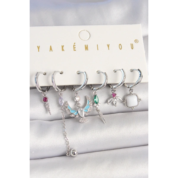 Pirinç Gümüş Renk Zirkon Taşlı Kuş Figür Çiçek Detay 6Lı Kadın Kombin Küpe