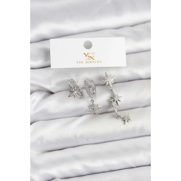 Pirinç Gümüş Renk Zirkon Taşlı Kutup Yıldızı Model YSX Trio Küpe Seti