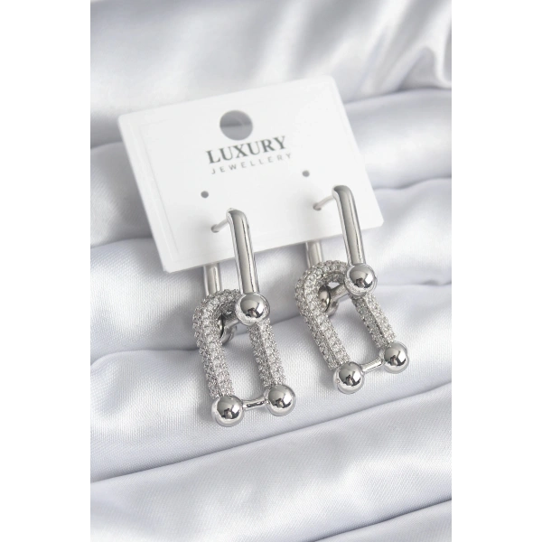 Pirinç Gümüş Renk Zirkon Taşlı Model VIP Seri Kadın Küpe