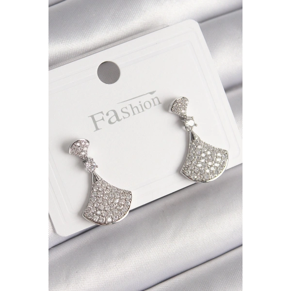 Pirinç Gümüş Renk Zirkon Taşlı Motif Model Kadın Küpe