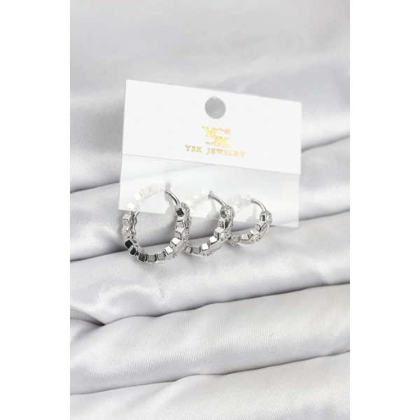 Pirinç Gümüş Renk Zirkon Taşlı Petek Halka Model YSX Trio Küpe Seti