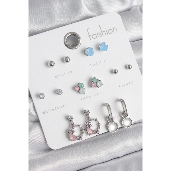 Pirinç Gümüş Renk Zirkon Taşlı Sallantı Halka Model Çiçek Detay 7 Çift Kadın Küpe Seti