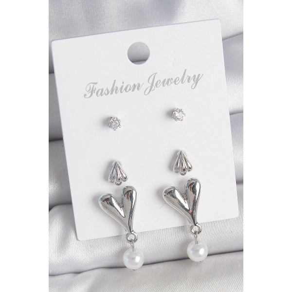 Pirinç Gümüş Renk Zirkon Taşlı Sallantılı Kalp Model 3 Çift Kadın Küpe Seti