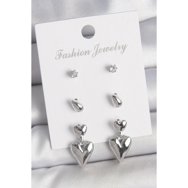 Pirinç Gümüş Renk Zirkon Taşlı Sallantılı Kalp Model 3 Çift Kadın Küpe Seti