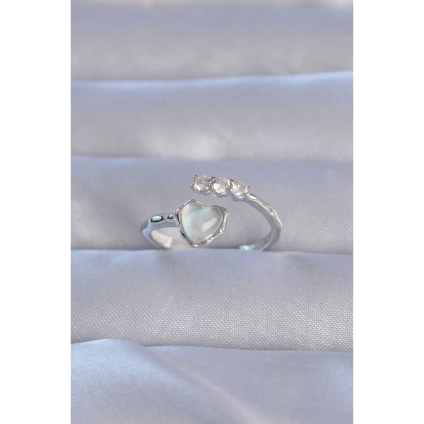 Pirinç Gümüş Renk Zirkon Taşlı Sedefli Kalp Model Ayarlanabilir Yüzük