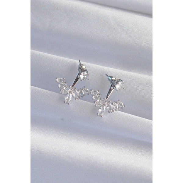 Pirinç Gümüş Renk Zirkon Taşlı V Model Küpe