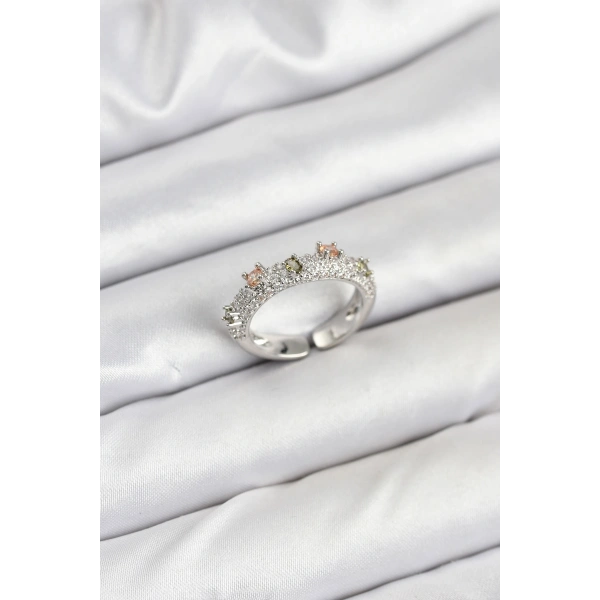 Pirinç Gümüş Renk Zirkon Taşlı Vintage Kadın Yüzük