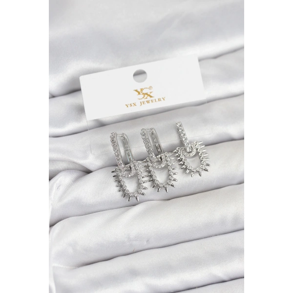 Pirinç Gümüş Renk Zirkon Taşlı Vintage Model YSX Trio Küpe Seti