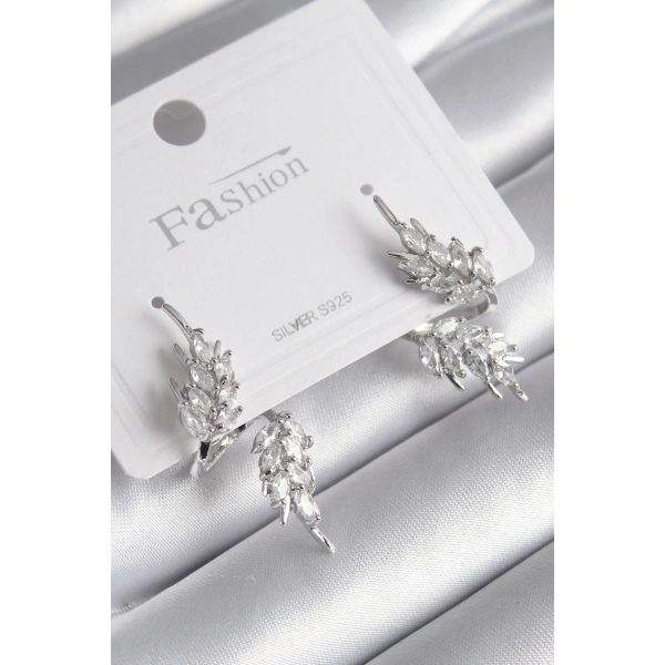 Pirinç Gümüş Renk Zirkon Taşlı Yaprak Model Kadın Küpe