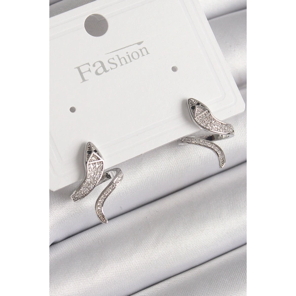 Pirinç Gümüş Renk Zirkon Taşlı Yılan Model Kadın Küpe