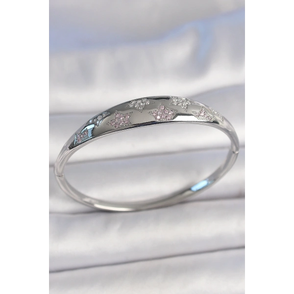 Pirinç Gümüş Renk Zirkon Taşlı Yıldız İşlemeli Kadın Kelepçe