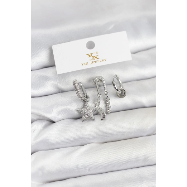 Pirinç Gümüş Renk Zirkon Taşlı Yıldız Vintage Model YSX Trio Küpe Seti