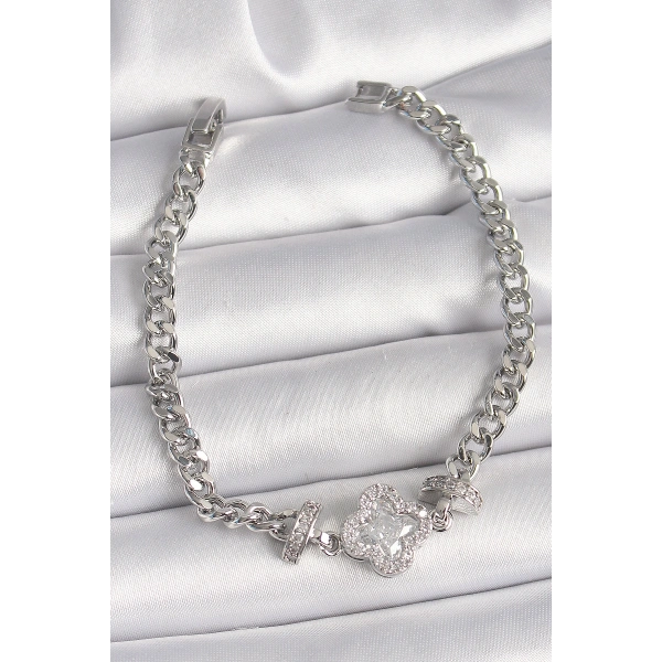 Pirinç Gümüş Renk Zirkon Taşlı Yonca Figür Zincir Model Kadın Bileklik