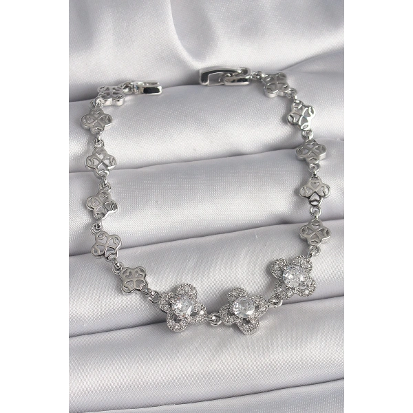 Pirinç Gümüş Renk Zirkon Taşlı Yonca Model Kadın Bileklik