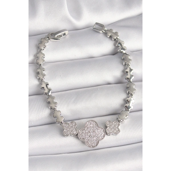 Pirinç Gümüş Renk Zirkon Taşlı Yonca Model Zincir Model Kadın Bileklik