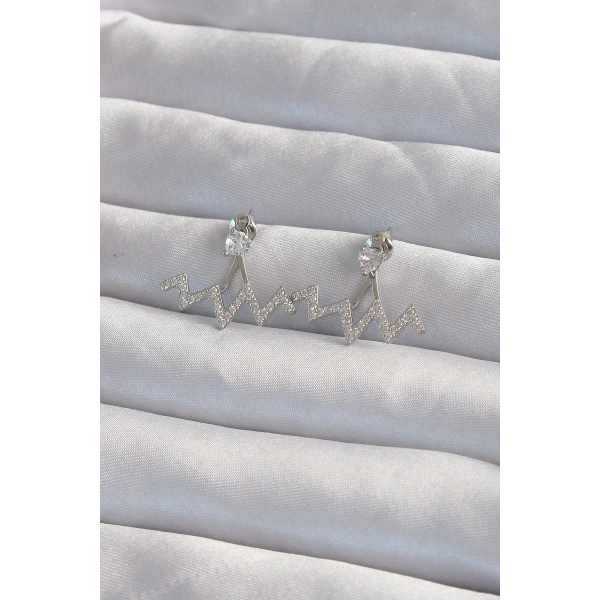 Pirinç Gümüş Renk Zirkon Taşlı Zikzak Küpe