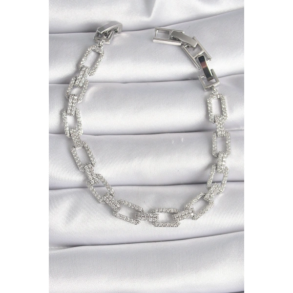 Pirinç Gümüş Renk Zirkon Taşlı Zincir Model VIP Seri Kadın Bileklik