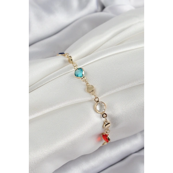 Pirinç Karışık Renk Zirkon Taşlı Gold Renk Kadın Bileklik