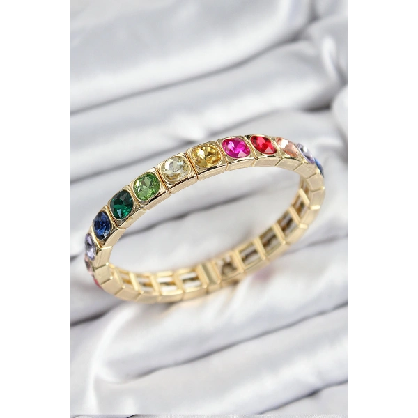 Pirinç Karışık Zirkon Taşlı Kare Model Gold Renk Lastikli Kadın Bileklik