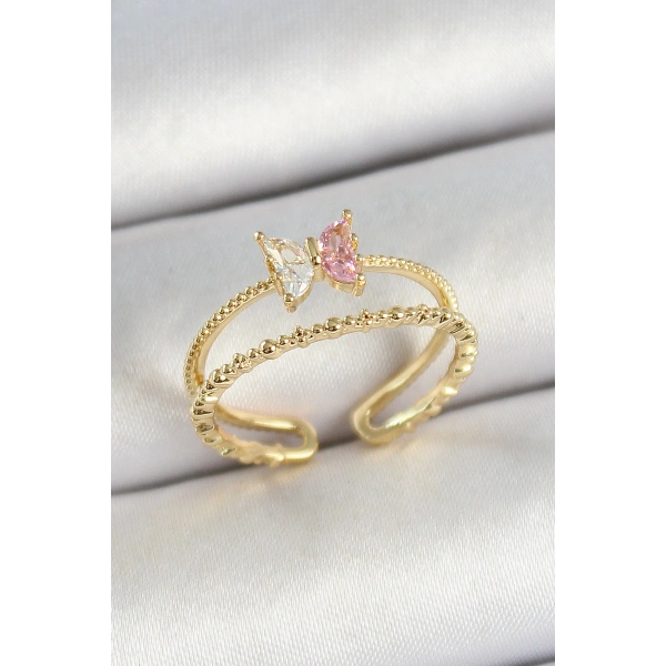Pirinç Kelebek Figürlü Zirkon Taşlı Gold Renk Ayarlanabilir Kadın Yüzük