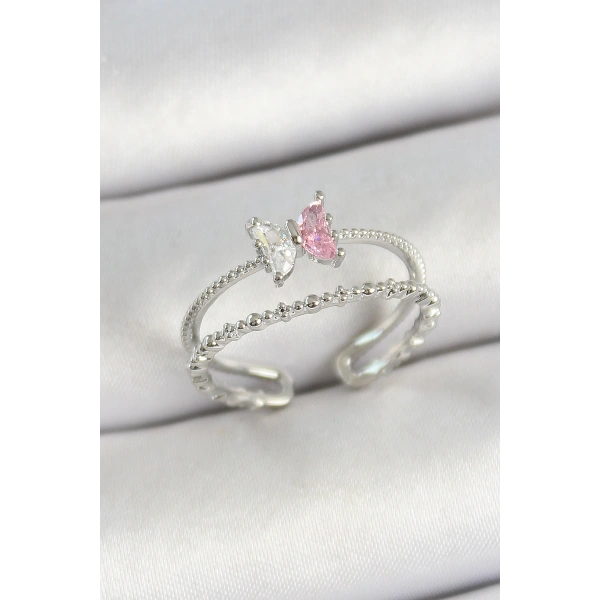 Pirinç Kelebek Figürlü Zirkon Taşlı Gümüş Renk Ayarlanabilir Kadın Yüzük