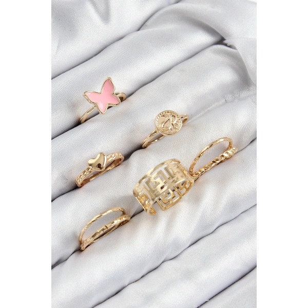 Pirinç Kelebek Ve Kalp Model Gold Renk Kadın Yüzük Kombin Set