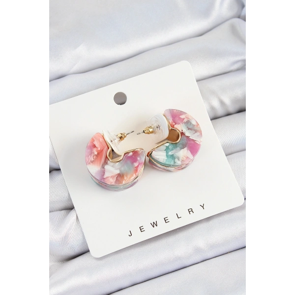 Pirinç Mermer Desenli Vintage Yarım Halka Model Gold Renk Kadın Küpe