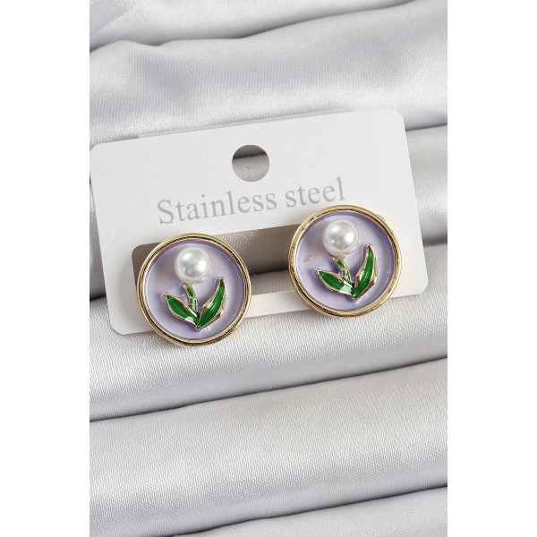 Pirinç Mor Mineli Lale Figürlü Sanatsal Portre Model Gold Renk Kadın Küpe