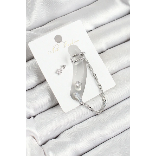 Pirinç Ok Figürlü Zirkon Taşlı Gümüş Renk 3lü Kıkırdak Kadın Küpe Set