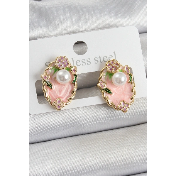 Pirinç Pembe Mineli İnci Detaylı Sanatsal Portre Model Gold Renk Kadın Küpe